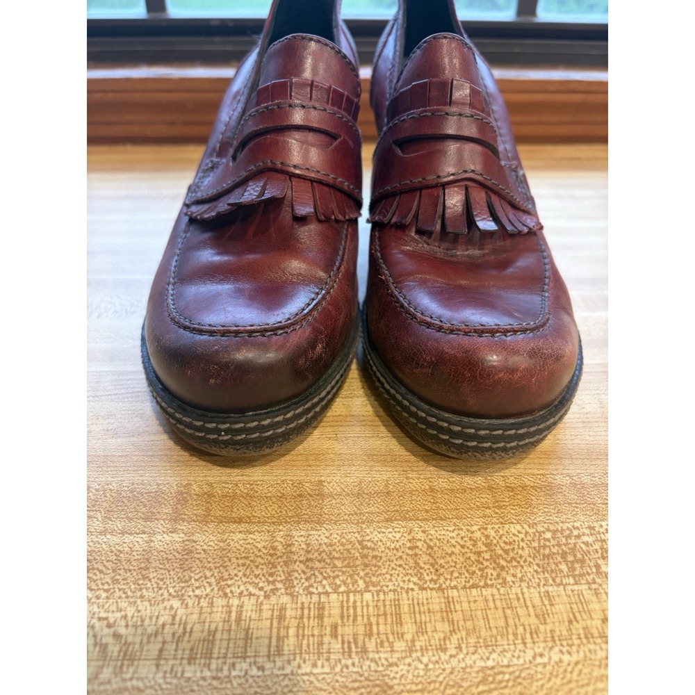 Tamaris Womens 38 Burgundy Leather Kiltie Penny Loafer Pumps Block Heel - Picture 4 of 12